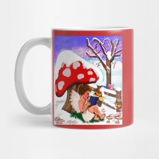 Bookworms mushroom - Snow covered mushroom covering Little bookworm angel boy cherub reading a book - tranquil winter scenery Mug